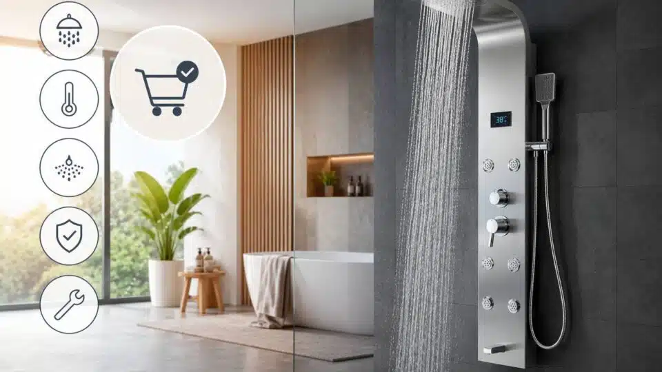 Modern shower panel systems in a stylish UK bathroom showcasing waterproof wall panels and contemporary finishes