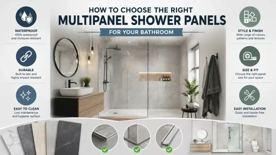 Modern bathroom featuring stylish waterproof wetwall shower panels with marble effect finish