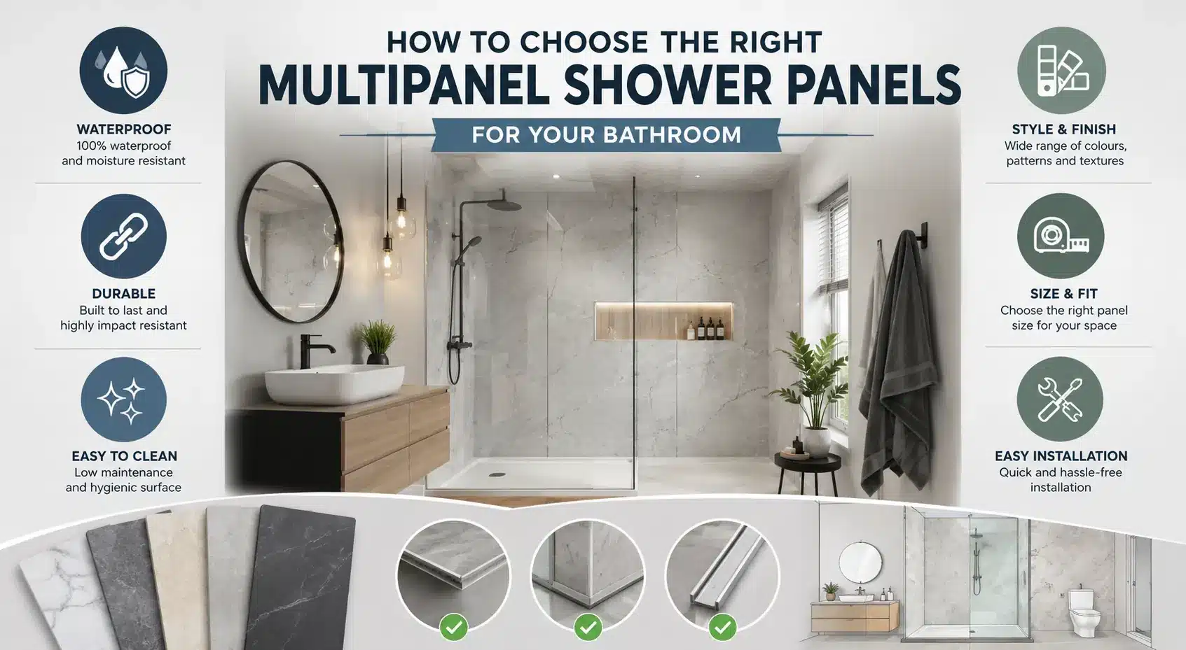Modern bathroom featuring stylish waterproof wetwall shower panels with marble effect finish